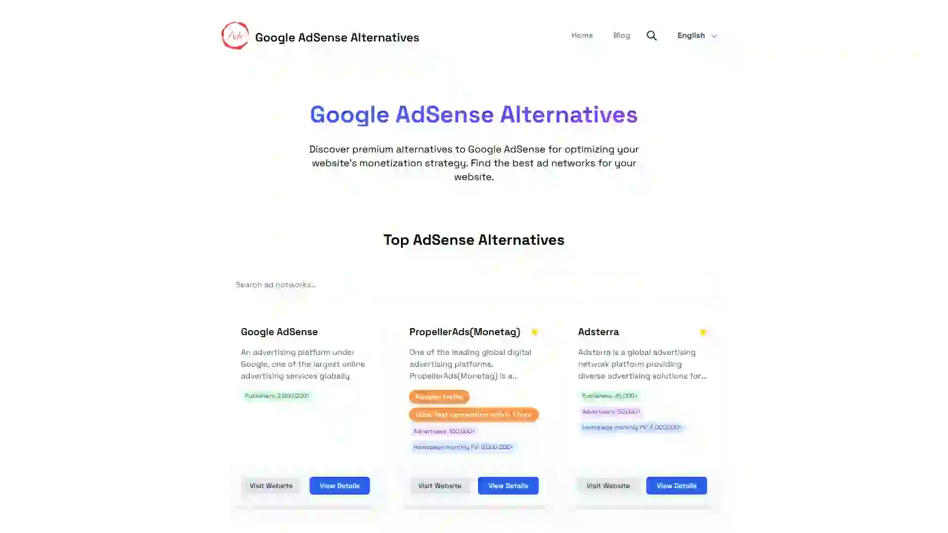 Google AdSense Alternatives, showcasing metrics such as the number of publishers, advertisers, and monthly traffic on alternative platforms.